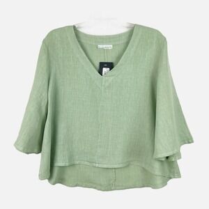 New! BRYN WALKER Oversized Lagenlook Pale Green 100% Linen Flutter Slv Tunic XXS